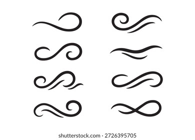 Desenhos de linha de vento. Ícone de sopro de vento desenhado à mão. Ar, vento, redemoinho no estilo de ilustração doodle.  Sopro de ar de doodle desenhado à mão, elementos de espiral