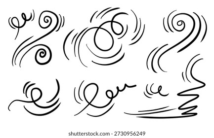 Desenhos de linha de vento. Movimento do vento desenhado à mão, soprando ar, elementos de vórtice.