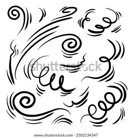 Doodle wind line sketch set. Hand drawn doodle wind movement, air blowing, vortex elements. Sketch of air blowing movement, abstract lines. Isolated vector illustration.