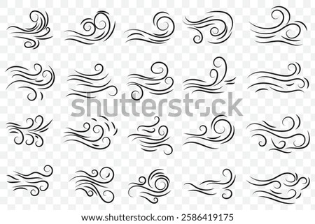 Doodle wind line sketch set. Hand drawn doodle wind motion, air blow, swirl elements. Sketch drawn air blow motion, smoke flow art, abstract line. Isolated vector illustration. EPS 10.