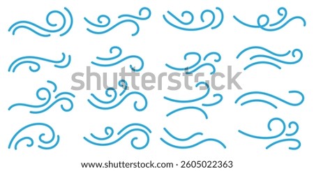 Doodle wind line sketch set. Hand drawn doodle wind motion. air puff line icons on white background, outline flat illustration of windy stormy weather, wind doodle graphics. Vector illustrator