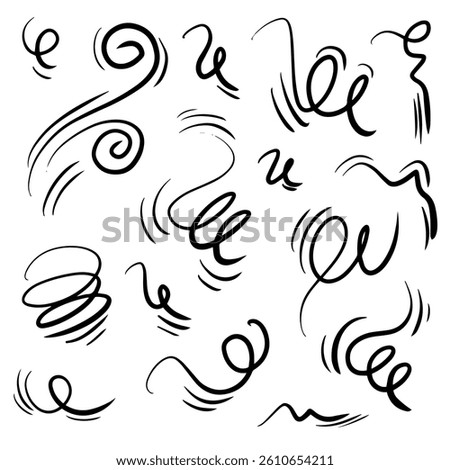 Doodle wind line sketch set. Hand drawn doodle wind movement, air blowing, vortex elements.