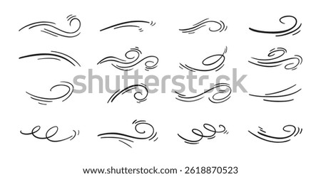 Doodle wind line sketch set. Hand drawn doodle wind air blow, swirl elements. Vector illustration