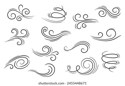 Doodle wind motion. Isolated vector set of abstract air swirls, blow waves, curve spirals in black colors, capturing the dynamic essence of movement and energy in a playful and artistic cartoon manner