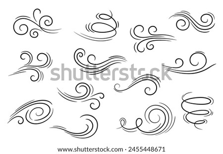 Doodle wind motion. Isolated vector set of abstract air swirls, blow waves, curve spirals in black colors, capturing the dynamic essence of movement and energy in a playful and artistic cartoon manner