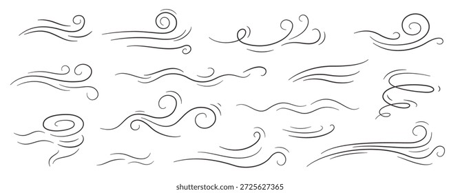 Faça doodles de movimentos de vento de vetor brisa, tempestade e movimento de fluxo de ar redemoinho. Ondas de esboço desenhadas à mão e linhas curvas de vento fresco sopram. Efeito de rabiscar o movimento da velocidade do tempo ventoso ou dos fluxos de ar de tempestade