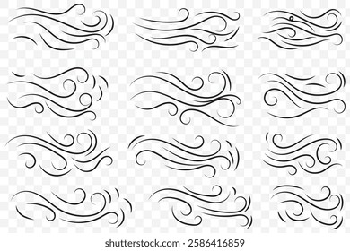 Doodle wind moving line. Breath of the typhoon. Flat Vector isolated illustration. Doodle line wind moving set. Breath of the typhoon. Flat wind moves Vector isolated illustration. Vector illustration