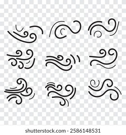 Doodle wind sketch set of line winds. Air, wind, swirl in doodle illustration style. Vector illustration. Black and White color doodle wind line. EPS 10