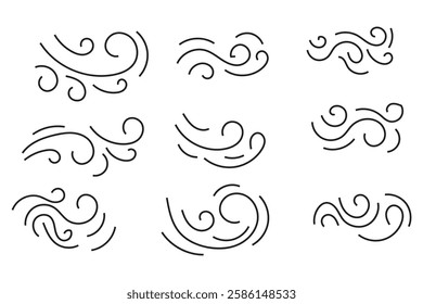 Doodle wind sketch set of line winds. Air, wind, swirl in doodle illustration style. Vector illustration. Black and White color doodle wind line. EPS 10