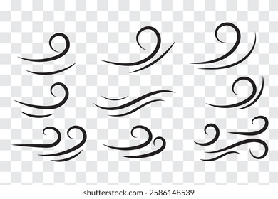 Doodle wind sketch set of line winds. Air, wind, swirl in doodle illustration style. Vector illustration. Black and White color doodle wind line. EPS 10