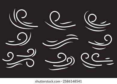 Doodle wind sketch set of line winds. Air, wind, swirl in doodle illustration style. Vector illustration. Black and White color doodle wind line. EPS 10