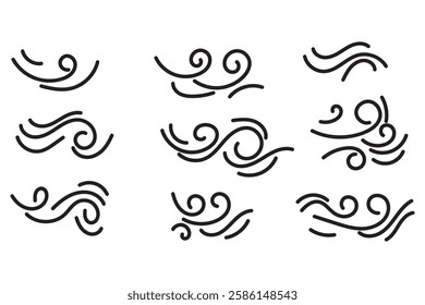 Doodle wind sketch set of line winds. Air, wind, swirl in doodle illustration style. Vector illustration. Black and White color doodle wind line. EPS 10