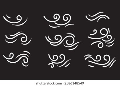 Doodle wind sketch set of line winds. Air, wind, swirl in doodle illustration style. Vector illustration. Black and White color doodle wind line. EPS 10