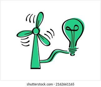 Doodle windmill with lamp clipart isolated. Eco system nature. Vector stock illustration. EPS 10