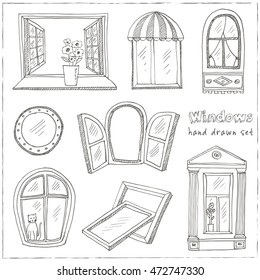 Doodle windows set  isolated on white background. Hand drawn illustration