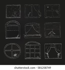 Doodle windows set isolated on black background. Hand drawn illustration