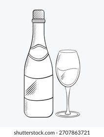 Doodle of Wine bottle and glass with wine, vector illustration