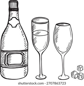 Doodle of Wine Flasche und Glas mit Wein, Vektorgrafik