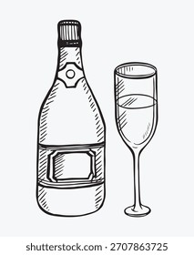 Doodle of Wine Flasche und Glas mit Wein, Vektorgrafik