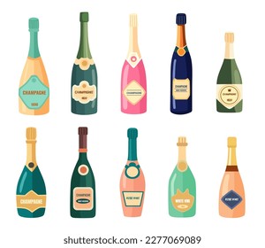 Botellas de vino Doodle. Caricatura de champán plano bebidas alcohólicas en botellas de vidrio de lujo vintage, colección de vinos espumosos blancos y rojos. Conjunto de vectores