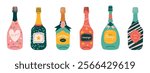Doodle wine bottles.  Various Bottles. Vector set. Bottles of Different shapes and colors. Champagne, Brut, Sparkling wines. Hand drawn colorful vector illustrations. Celebration concept. 
