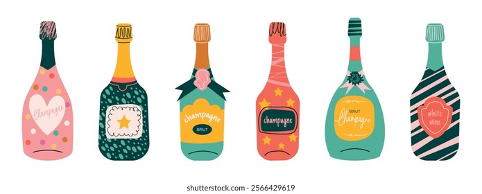 Doodle wine bottles.  Various Bottles. Vector set. Bottles of Different shapes and colors. Champagne, Brut, Sparkling wines. Hand drawn colorful vector illustrations. Celebration concept. 