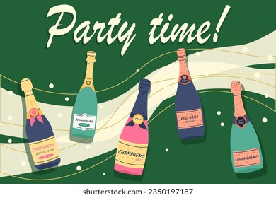 Doodle wine. Doodle drawing different champagne bottles. Alcoholic drink for party, new year and birthday and wedding. Invitation card or poster. Vector modern cartoon isolated poster