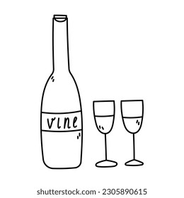 Doodle Wine with Glasses illustration. Summer vector illustration in Hand Draw style.