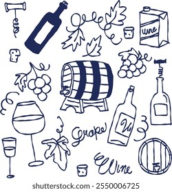 Doodle wine illustration set, drinks illustrations