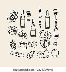 Doodle wine tasting elements collection