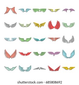 Doodle wing icons set. Wings vector illustration for design and web isolated on white background. Doodle wing vector object for labels, logos