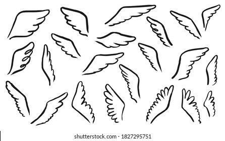 Doodle wing. Sketch doodle winged abstract emblems isolated on white background. Vector outline angel or bird feather wing icon set illustration. Linear fly fowl arm hand drawn collection