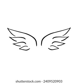 Doodle wings. Cartoon bird feather wings, religious angel wings ink sketch, black tattoo silhouette. Vector hand drawn blade wing sketch set for heraldic symbol emblem on white background