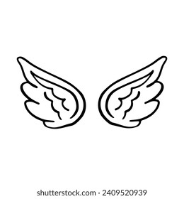 Las alas del garabato. alas de pluma de pájaro caricaturizado, boceto de tinta de alas ángeles religiosos, silueta de tatuaje negro. Esbozo de ala de hoja dibujado a mano vectorial para emblema de símbolo heráldico sobre fondo blanco