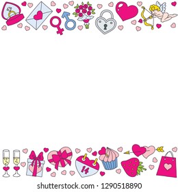 Doodle winter background with heart, ring, flowers, cupid, chocolate box, etc. Template design for the St. Valentine's day. Vector 8 EPS