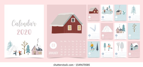 Doodle winter calendar 2020 set with house,tree,mountain for children.Can be used for printable graphic.Editable element