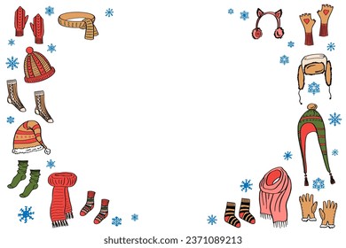 Doodle winter clothes frame. Knitted hats, socks, scarf, mittens. Hand drawn style Isolated vector illustration for poster, sale banner, social media design. Blue, orange color.