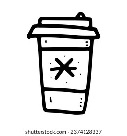 Doodle winter coffee to go cup. Cute hot beverage on white background. Outline tea, latte, cappuccino, americano, takeaway mug with snowflake, lid. Vector Christmas dishes illustration for shop, cafe