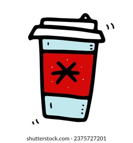 Doodle Winterkaffee zu Tasse. scharfe, heiße Getränke auf weißem Hintergrund. Roter Tee, Latte, Cappuccino, Kamericano, Schneeflocken mitnehmen, Deckel. Vektorschmuck-Illustration für Geschäft, Café