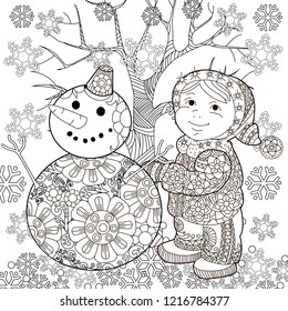 Doodle winter drawing. Art therapy coloring page. 