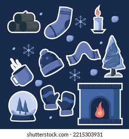 doodle Winter element set collection merry christmas sticker set blue cold color