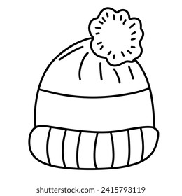 Doodle winter hat isolated on white background. Outline warm hat. Hand drawn vector art.