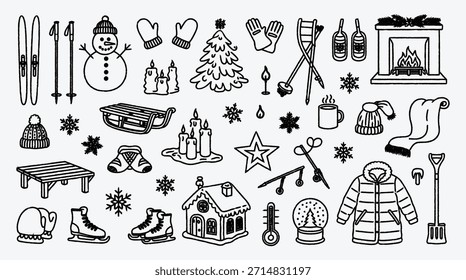 Doodle Winter Holiday Vector Line Art Illustration with Festive Elements