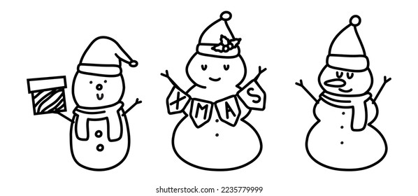 Doodle winter illustration of a snowman with a carrot and a Santa hat. Design greeting cards, posters, gift wrapping.