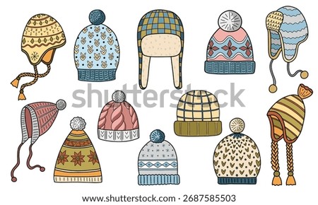 Doodle winter knitted hat sat. Vector hand drawn head wear design elements collection.