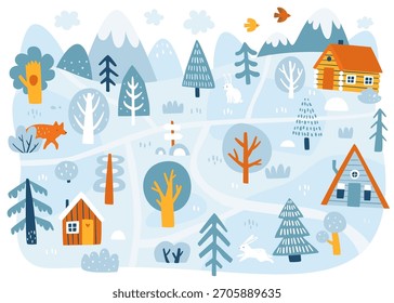 Doodle winter map for carpet. Cartoon winter landscape for kids.