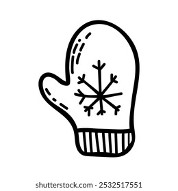 Doodle Winter Mitten with Pattern, Hand-Drawn Black and White Vector, Cozy Seasonal Design 