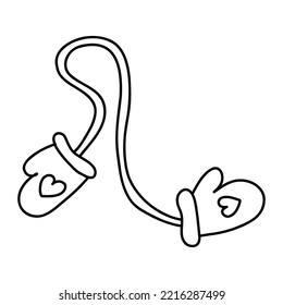 Doodle winter mittens on a rop. Cartoon element, vector sketch illustration, black outline art for web design, icon, print, coloring page