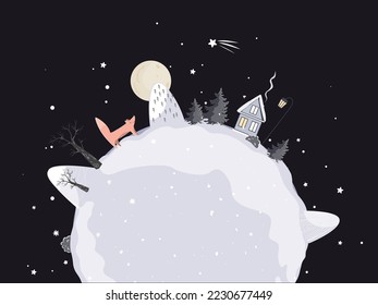 Doodle Winter Planet with a place for greeting text. Cute small Xmas planet with a fox, house and tress. Christmas and New Year card. Vector illustration