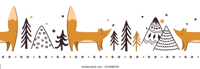 Doodle winter Red Fox Seamless Horizontal Border. Trees, fox, and mountains. Vector illustration